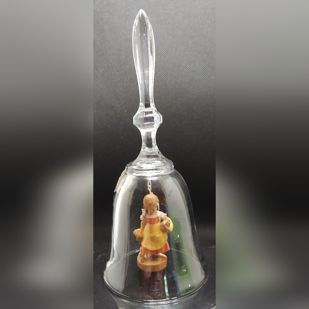 DOLFI Lead Crystal Bell Wooden Carved Girl Basket Flowers Dog West Germany Italy